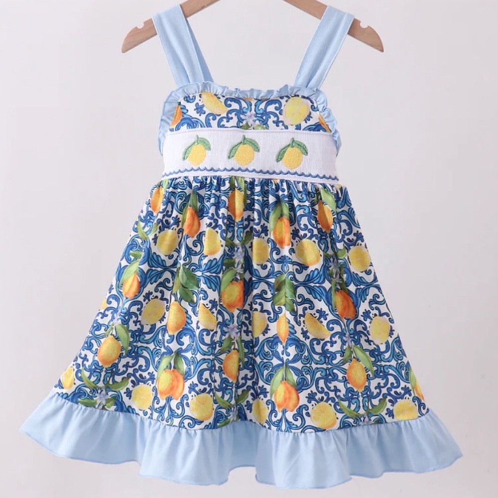 Abby & Evie LEMON SMOCK RUFFLE DRESS EMBROIDER FRUIT SASH GIRLS 6 7 BLUE FLORAL